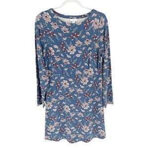 J Jill Dress Womens Medium Blue Floral Jersey Knit Shift Long Sleeve Casual